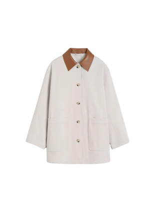 Leather Collar Cotton Barn Jacket in Pebble